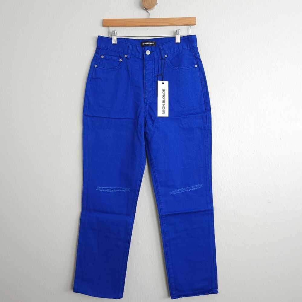 Neon Blonde Cara Straight Leg Distressed Jeans Dark Blue Wash 28 NWT